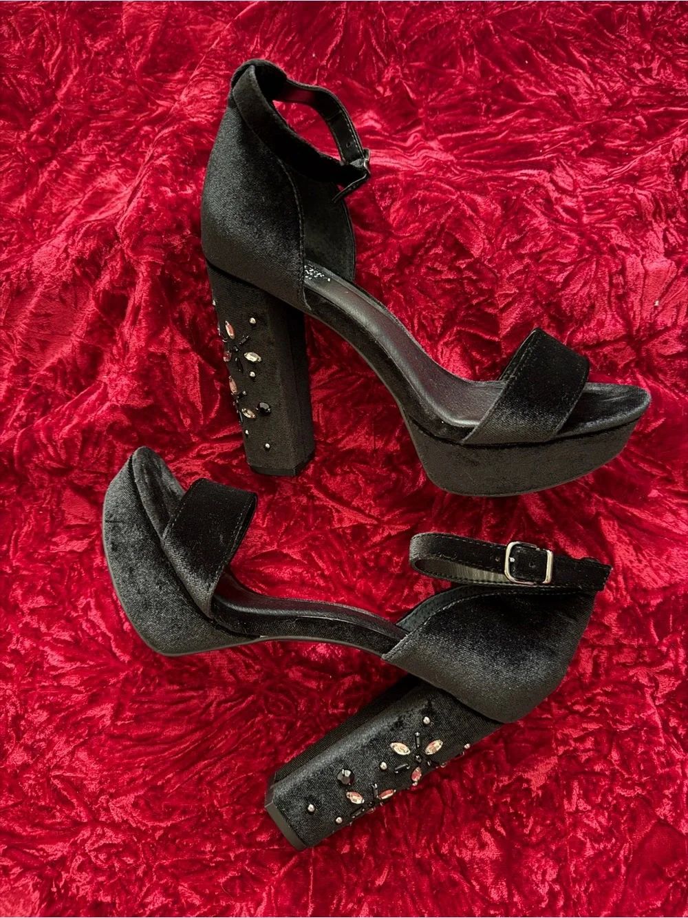 Simply VW Velvet Platform Block Heels with Jewel Accents